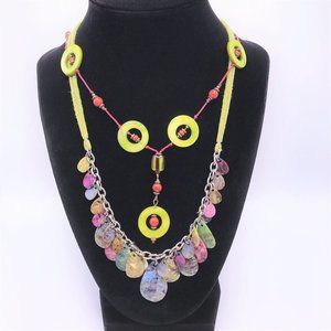 2 Necklace Lot Green Theme Artisan Mother of Pearl Shell Cord Suede Multi Color